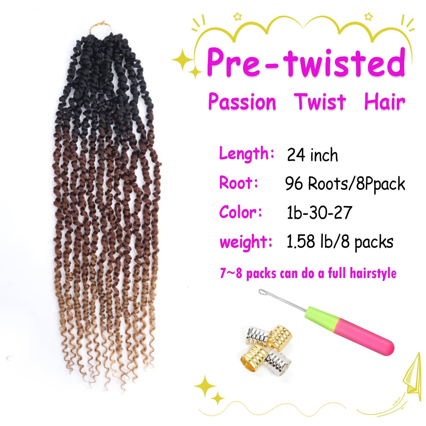 Long Passion Twist Hair Pre-twisted 24 Inch Passion Twist Crochet Hair for Black Women Pre Looped 8 Packs Synthetic Bohemian Twists Curly Ends Hair Extensions 1B-30-27