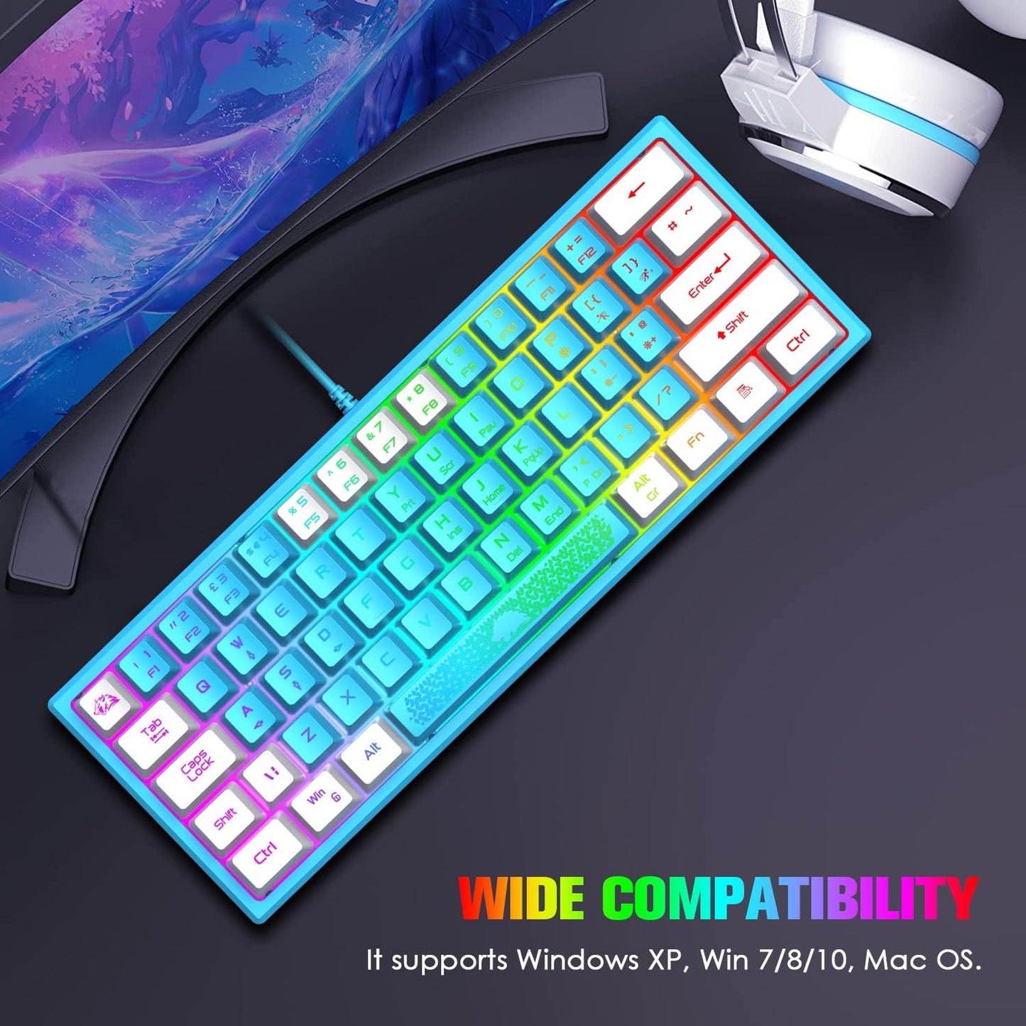 60% Gaming Keyboard and Mouse Combo Small Mini RGB Backlight Mechanical Feeling and Mechanical RGB 6400 DPI Honeycomb Optical Mouse,Gaming Mouse pad for Gamers and Typists Black