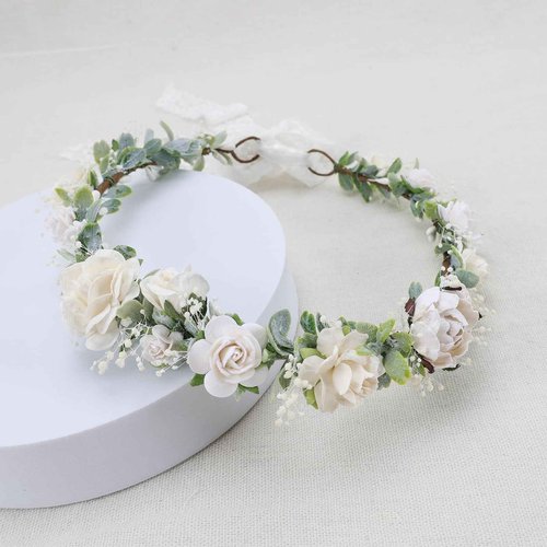 PoshMyra Greenery Flower Crown for Girls White Floral Holo Hair Headpiece bride Wreath Bridemaid Crown Rustic Wedding Women Garland Photo Prop Headband for Adult