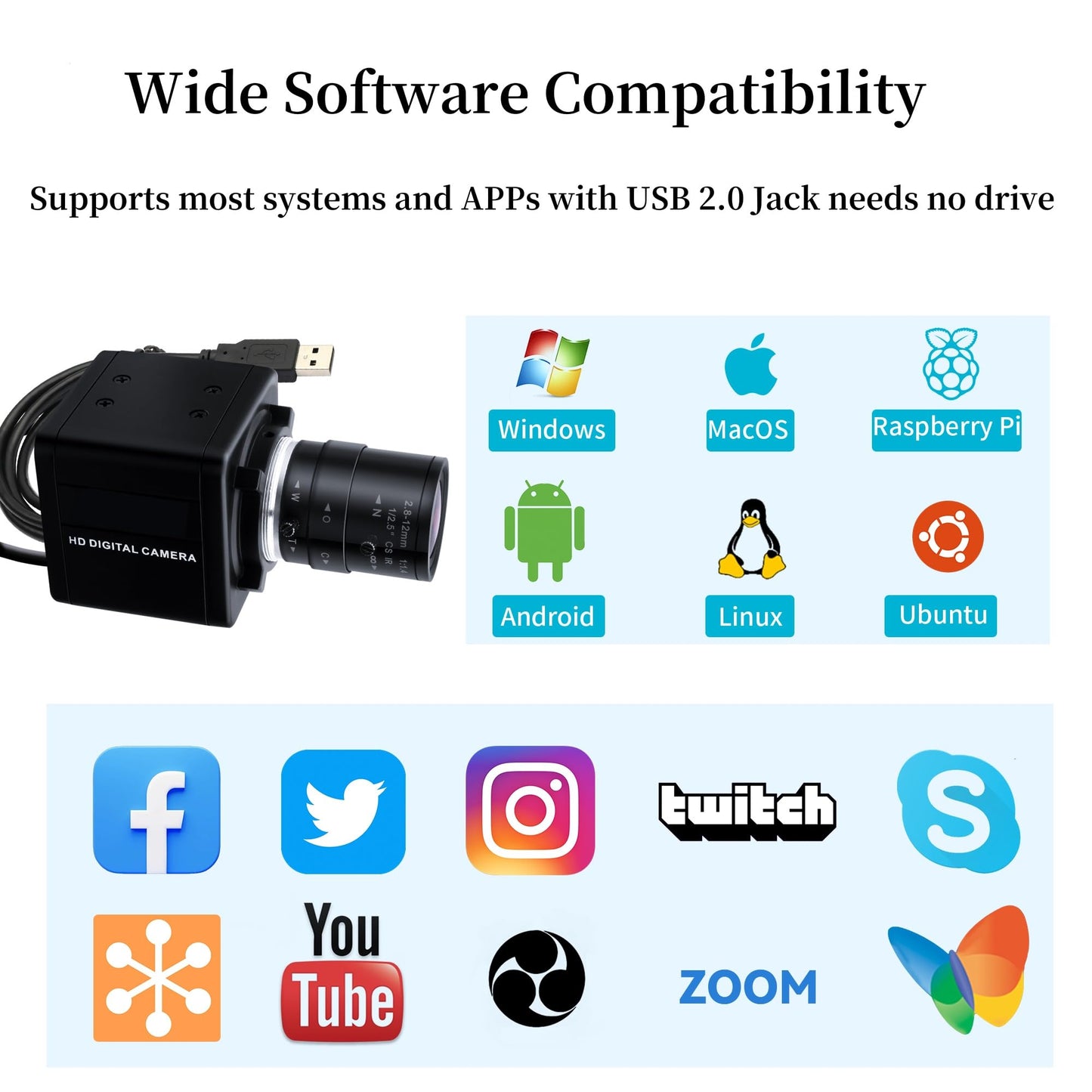 5MP USB Camera 2.8-12mm Varifocal Lens 4X Manual Zoom Lightburn Webcam OV5640 Sensor Close-up Camera 1944P Golf Swing Cameras Plug&Play for Mac Windows Linux Raspberry Pi