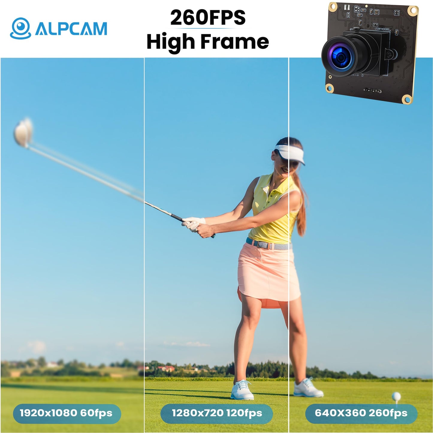 ALPCAM 1080P USB Camera Module HD 2MP High Speed 60fps 120fps 260fps Indudtrial Mini Webcam UVC Golf Swing Camera Module with No Distortion Lens for Linux Windows Android