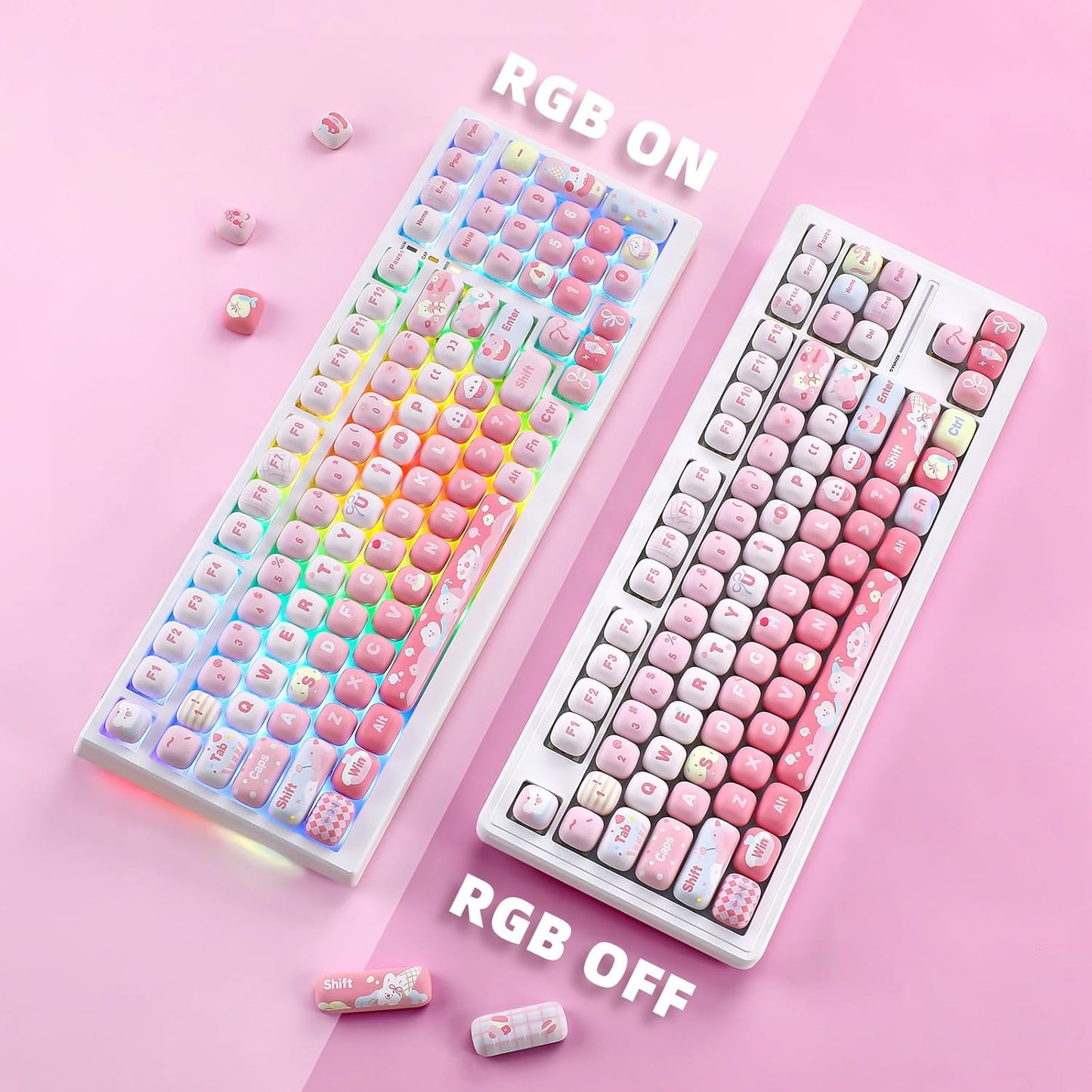 YUNZII Cute Pink Ice Cream Custom Keycaps, 138 Keys Dye Sub PBT MOG Profile Keycap Set for Mechanical Gaming Keyboards (Pink Ice Cream)