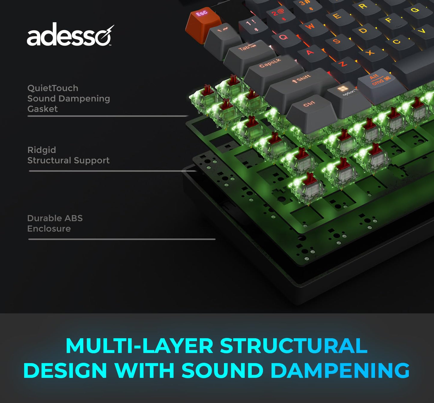 ADESSO Easytouch 1300 Mechanical Keyboard RGB Illuminated Hot Swappable Red Switches Wired Wireless Bluetooth Gaming Keyboard with Copilot AI Hotkey for Windows Mac