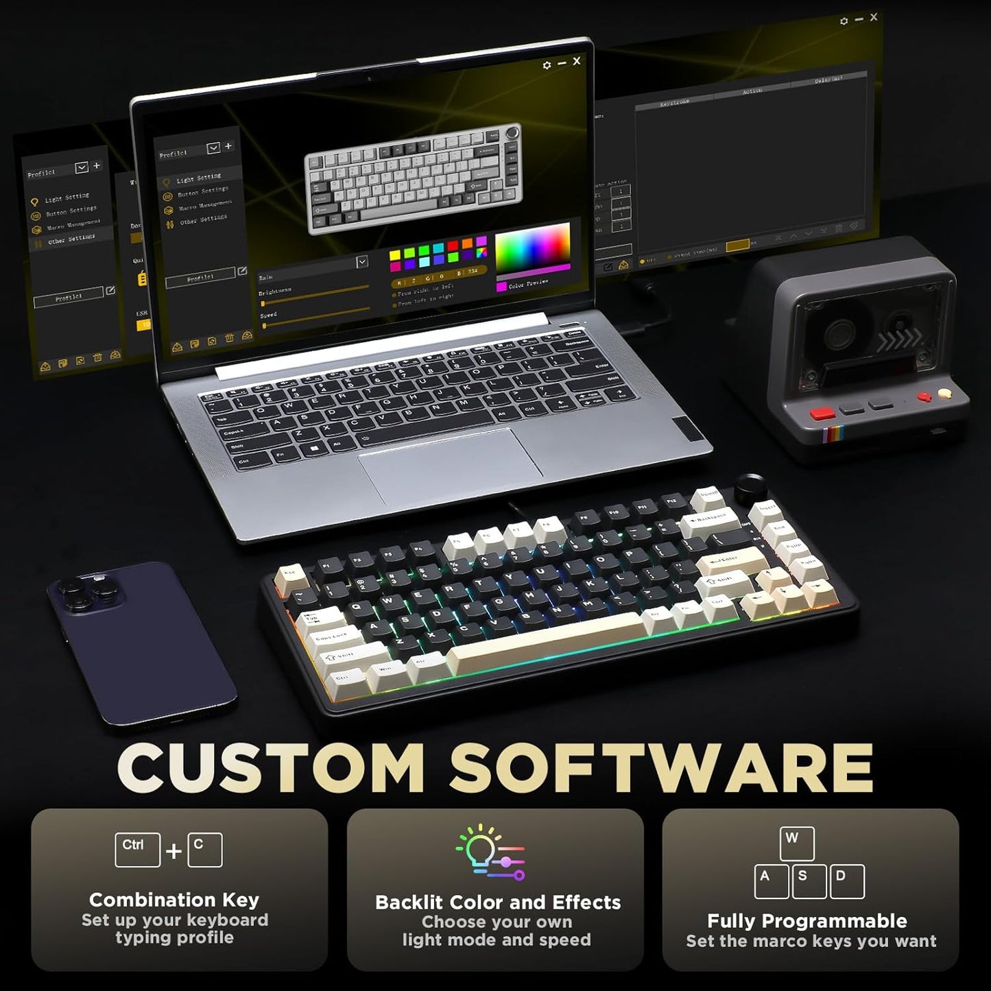 YUNZII B75 Mechanical Keyboard,75% Layout with Knob,Hot Swappable RGB Backlit Gasket Mounted, Creamy Typing, Double-Shot PBT Keycaps,Cherry Profile,for Win/Mac (Dark Grey, Cocoa Cream V2 Switch)
