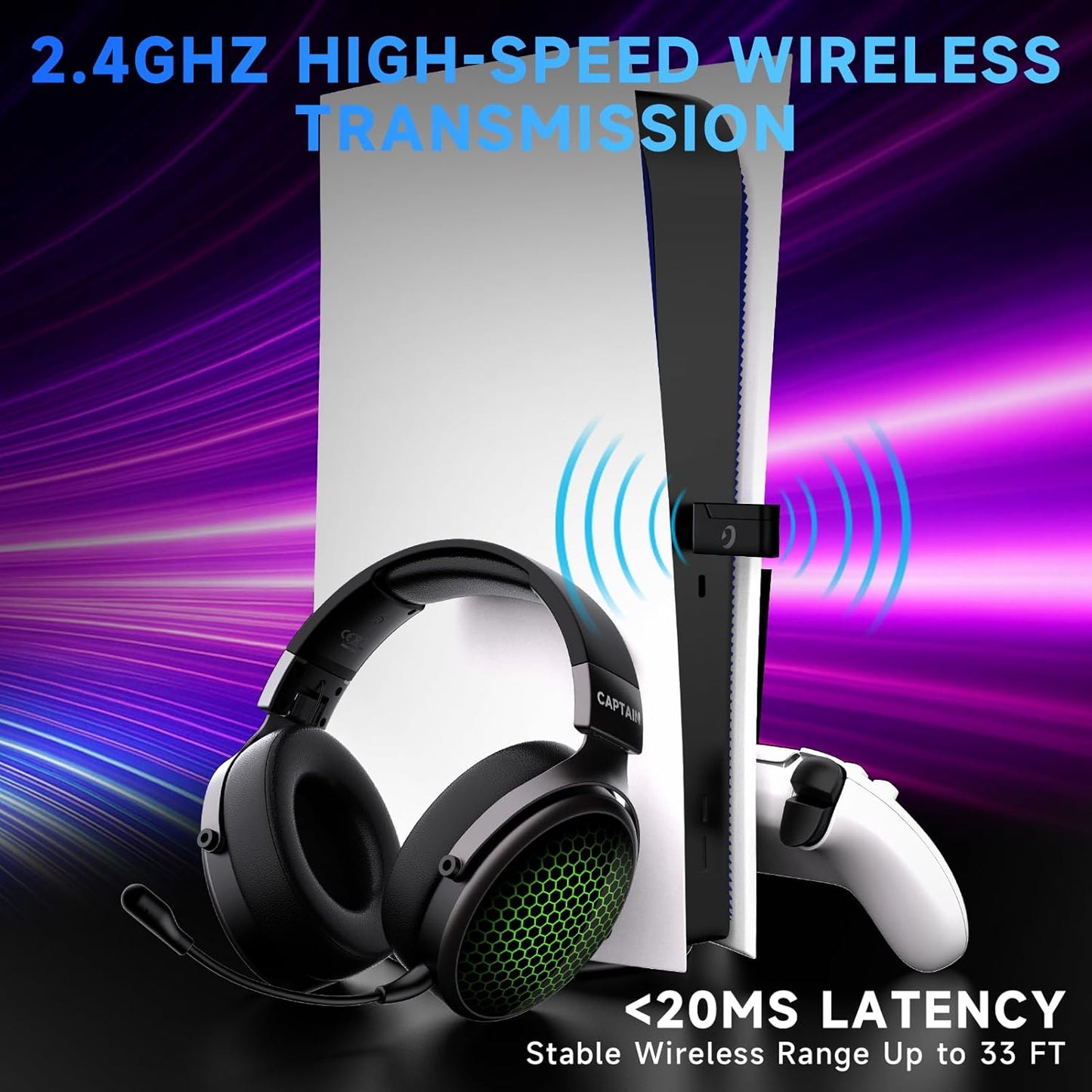 2.4GHz Wireless Gaming Headsets for PS5/PS4/PC/Switch - Bluetooth 5.3 Headphones with 7.1 Surround Sound, Noise-Canceling Mic, 30+Hr Battery & Support Playing While Charging - Black