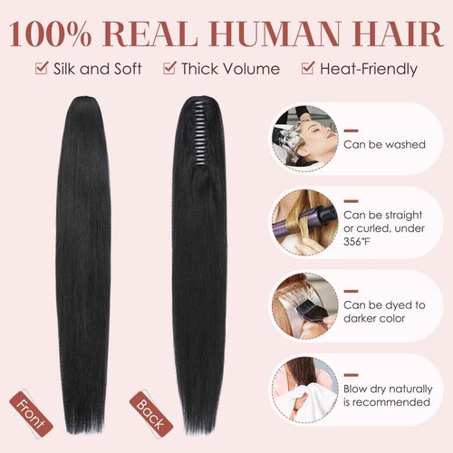 prokyvity Human Hair Claw Clip Ponytail, Claw Clip Human Hair Ponytail,Effortless Application with Secure Hold,Style in Seconds,Quick Styling Solutions for Busy Lives,20"/117g Jet Black