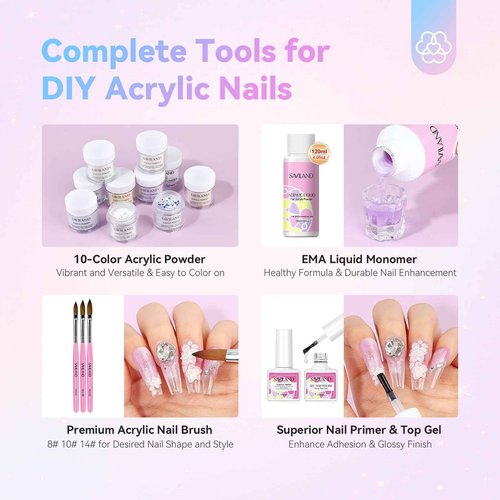 Saviland Acrylic Nail Kit with Everything: 10 Colors Acrylic Powder Clear Liquid Monomer 48W Nail Lamp 20000RPM Nail Drill Complete Tools Home Manicurist Nail Extensions