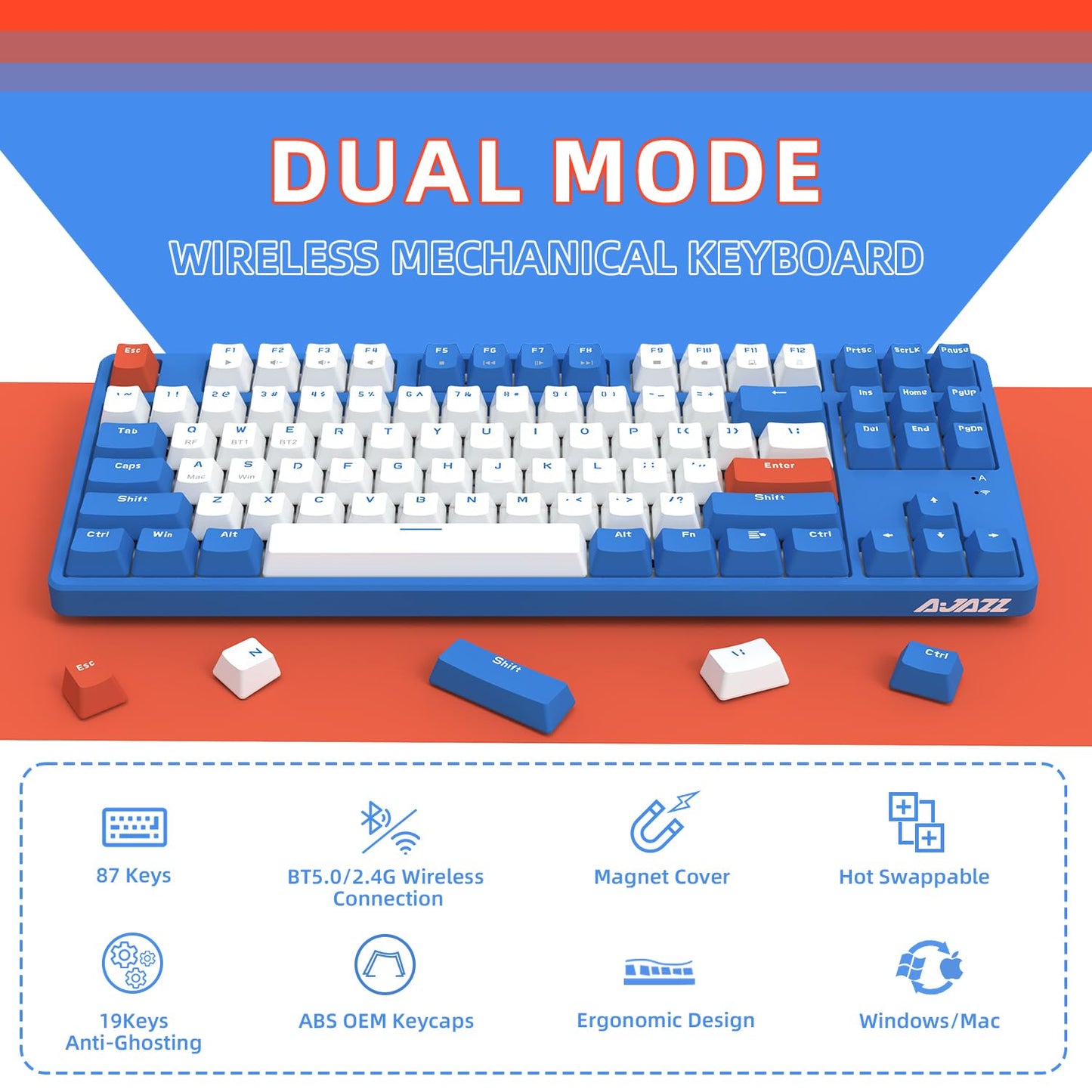 A.JAZZ Wireless Mechanical Keyboard, 87 Keys TKL Hot Swappable Bluetooth Gaming Keyboard, Dual Mode BT5.0/2.4G with Detachable Frame, USB Hub OEM Keycaps Custom Keyboard for PC MAC PS4(Red Switch)