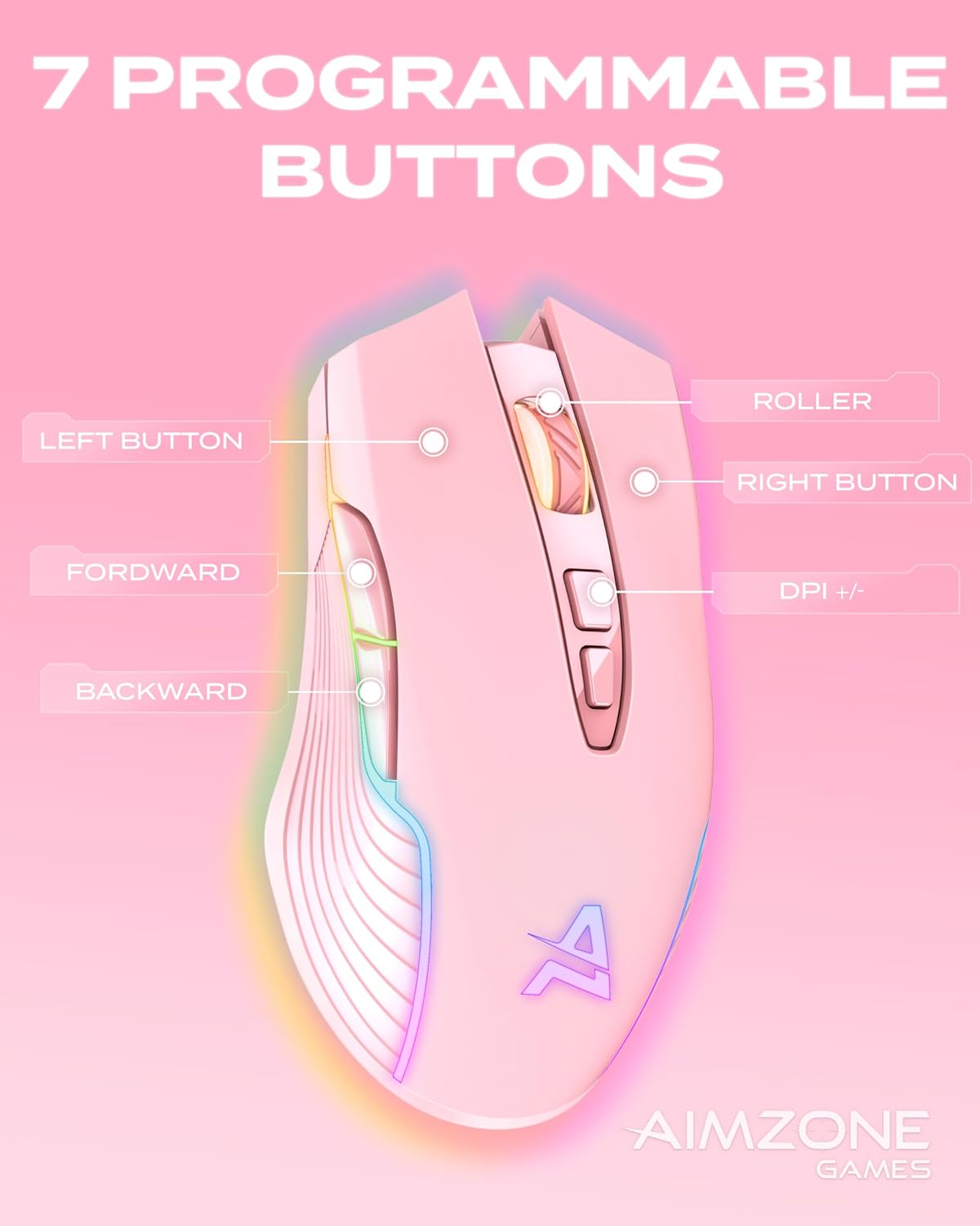 Aimzone Pink Gaming Mouse with RGB, USB Wireless Mouse for Gaming with Adjustable DPI, Multiple LED Lightning Effects, Rechargeable Wireless Mouse, Full Compatible with Mac & Windows (Pink)