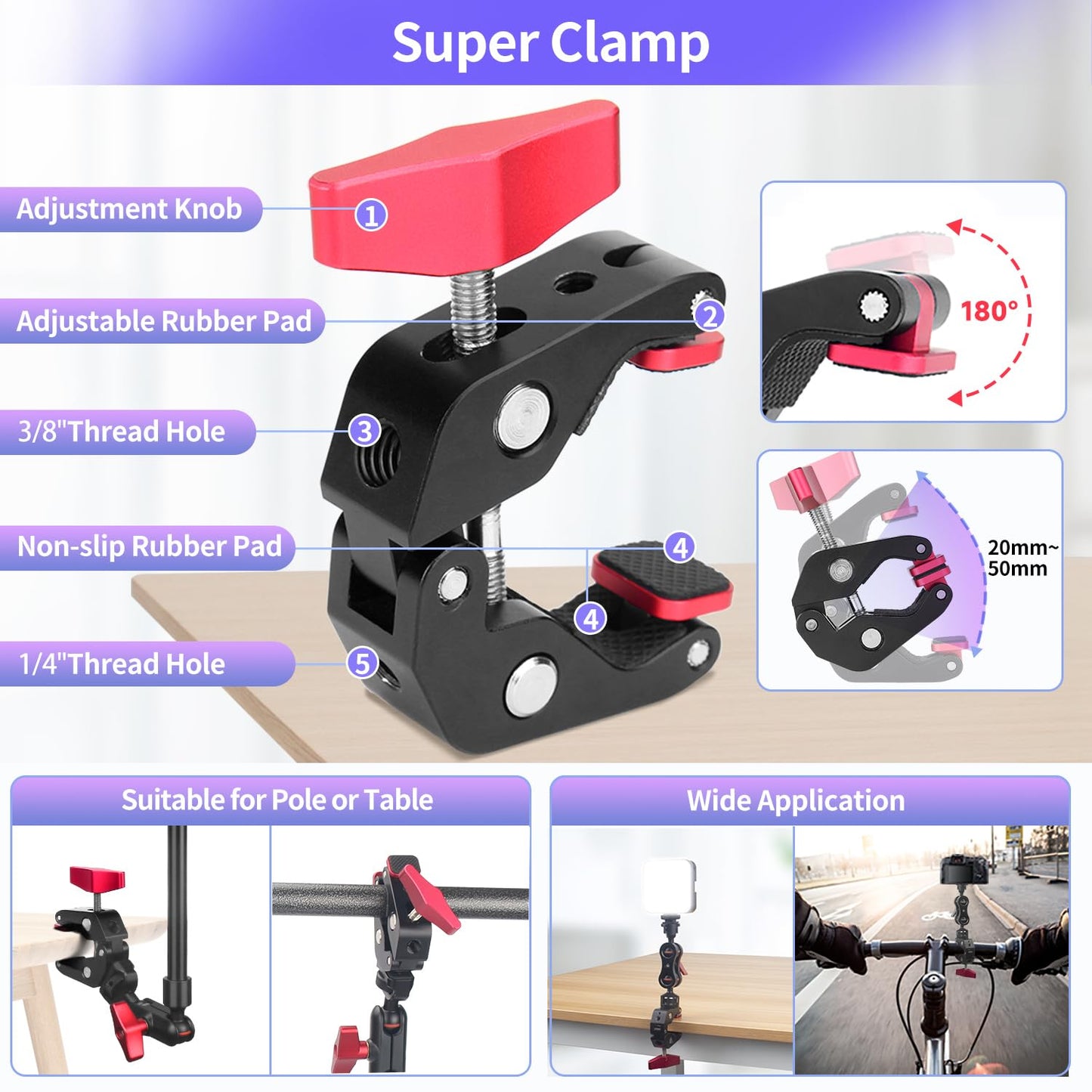 22" Magic Arm w Clamp Camera Mount, Overhead Phone Mount w Dual Ball Head Articulating Mic Boom Arm, 3/8" 5/8" Screw Adapters, Adjustable Camera Desk Mount Stand for Webcam Tripod Light Video Rig