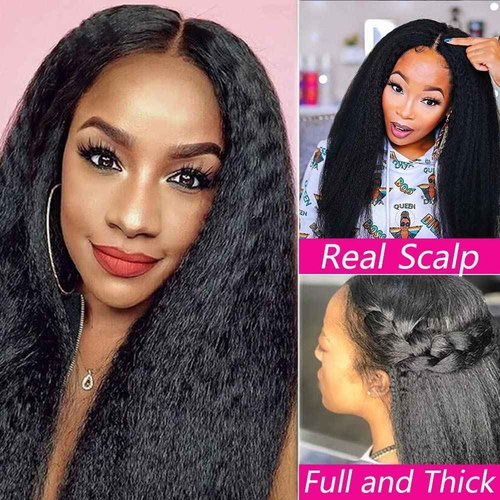 LOVFIR V Part Wig Human Hair Kinky Straight V Part Human Hair Wig for Black Women 180% Density Upgrade U Part Human hair wig Glueless V Shape Wig Yaki Straight Human Hair Wig Beginner Friendly 16 Inch