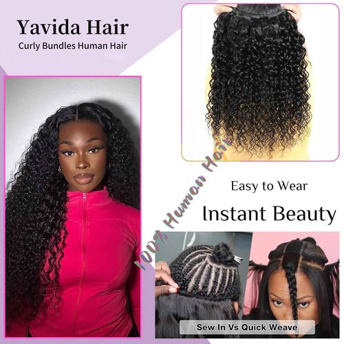 Curly Bundles Human Hair Kinky Curly Human Hair Bundles 100% Unprocessed Brazilian Virgin Hair Quick Weave Bundles Extensions for Women Natural Black 14 16 18 Inch