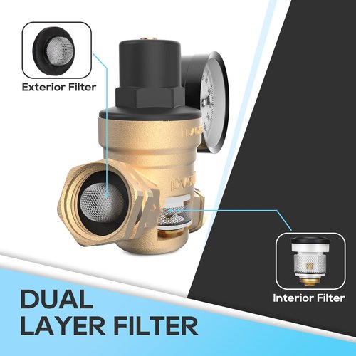RVGUARD RV Water Pressure Regulator Valve, Brass Lead-Free Adjustable Water Pressure Reducer with Gauge and Inlet Screen Filter for RV Camper Travel Trailer