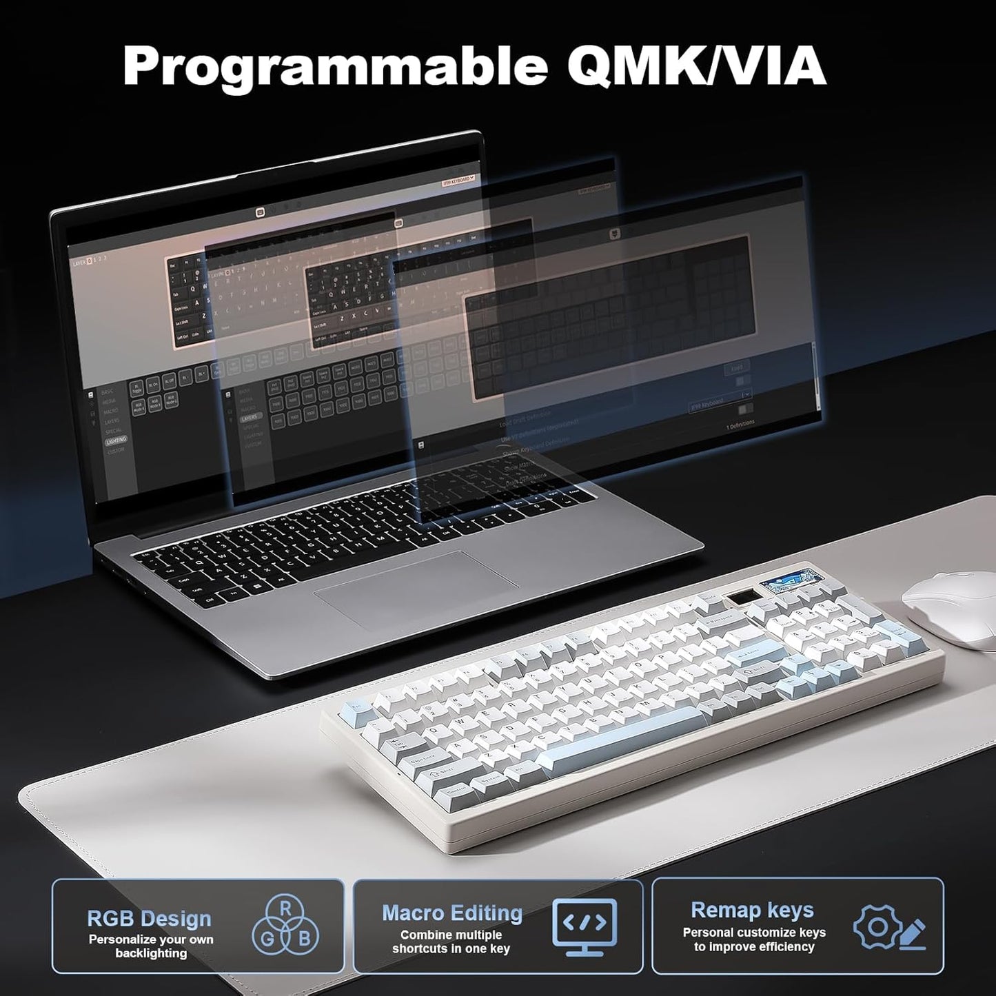 YUNZII IF99 Wireless Mechanical Gaming Keyboard with Smart LCD Display, QMK/VIA Programmable BT/2.4G/USB-C Gasket Mounted Hot Swap RGB 96% Layout for Mac/Win (Black, Cocoa Cream V2 Switch)