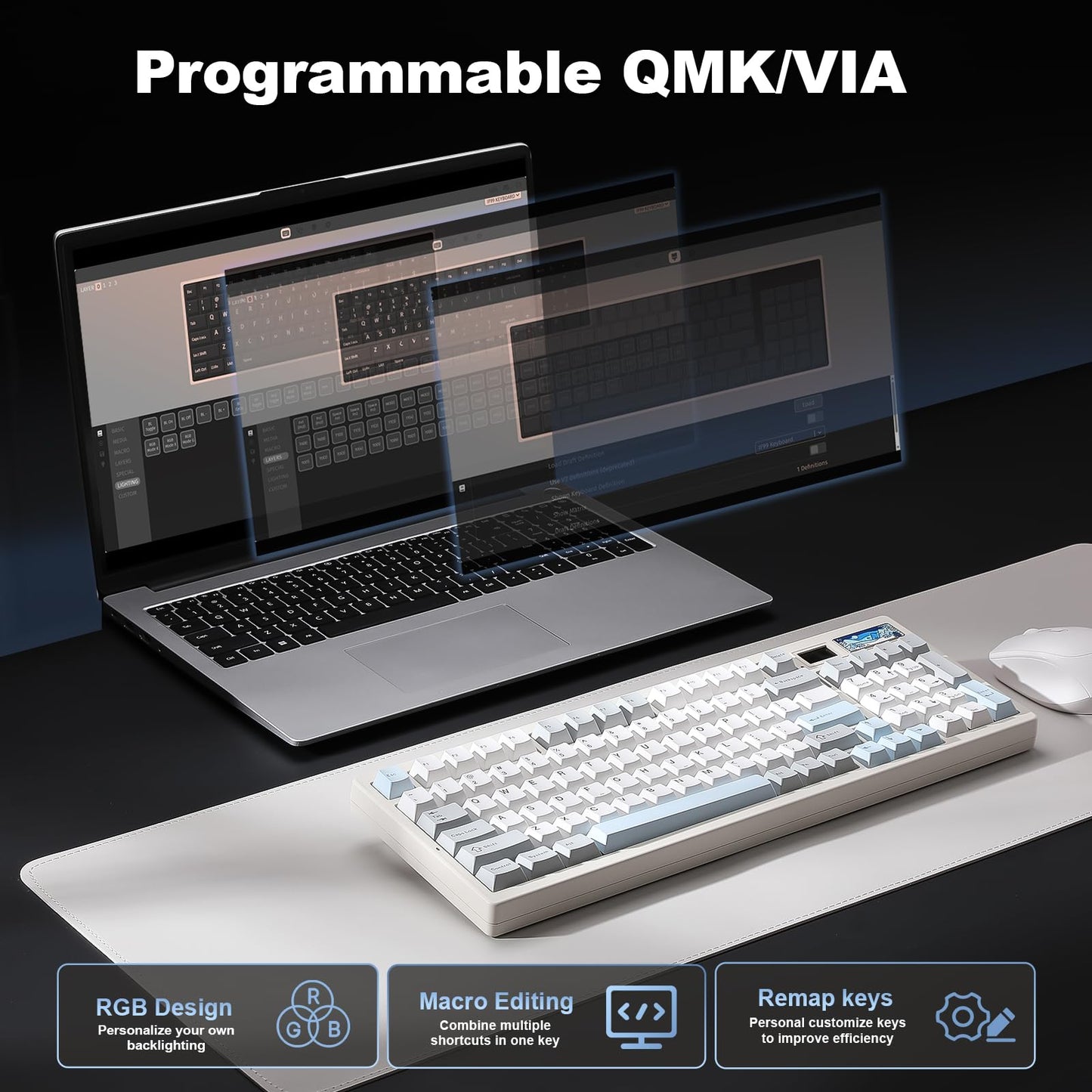 YUNZII IF99 Wireless Mechanical Gaming Keyboard with Smart LCD Display, QMK/VIA Programmable BT/2.4G/USB-C Gasket Mounted Hot Swap RGB 96% Layout for Mac/Win (White, Gateron Zero Switch)