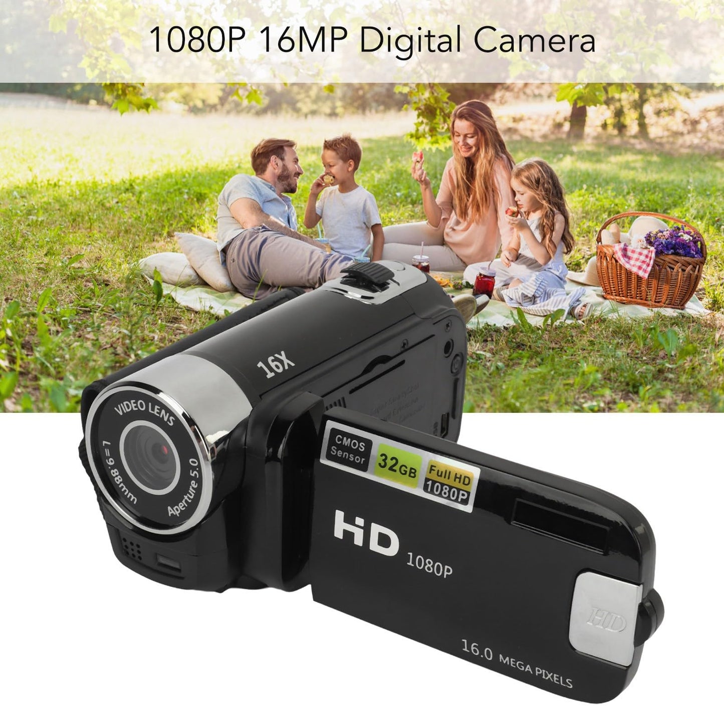 1080PDigital Camera, 16MP Camcorder with 2.4 Inch Rotatable Screen, 16X Zoom HD Video Recorder with Fill Light, Video Camera Built in Battery (Black)