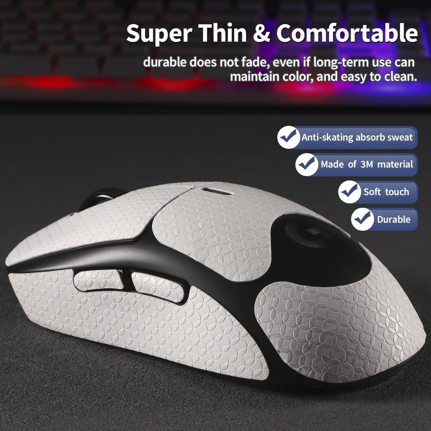 Anti-Slip Mouse Grip Tape for Logitech G Pro Wireless Mouse Skin Sweat-Resistant G Pro Mice Sticker Decal(White)