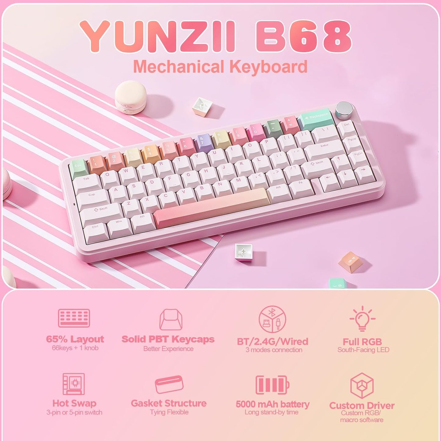 YUNZII B68 Wireless Mechanical Keyboard(Pink, Milk V2 Switch), Keyboard Wrist Rest (Pink