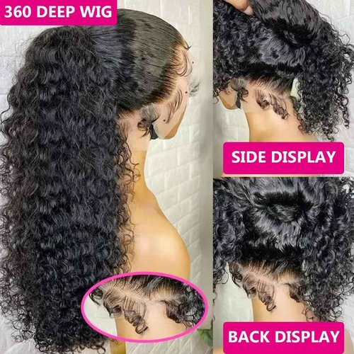 360 Lace Front Wigs Human Hair Hidden Strap Deep Wave Lace Frontal Wig Pre Plucked Drawstring Wig Human Hair 200 Density HD Full Lace Front 360 Glueless Wigs for Women (deep wig, 20inch)
