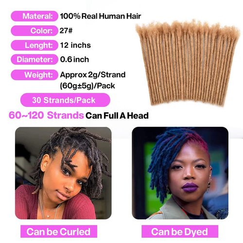Loc Extensions Human Hair Dreadlock Extensions for Men/Women 100% Real Human Hair Permanent Dreadlock Extensions Locs Extensions Human Hair Can Be Dyed (0.6cm#27, 12inch/30strands)