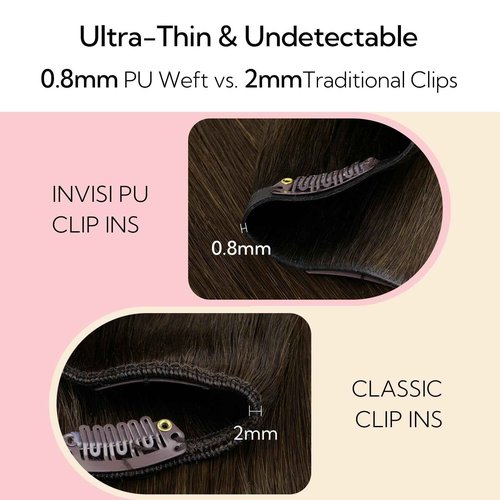 HOTBANANA Invisi Edge Clip in Hair Extensions, 14inch 120g Injected Seamless Clip in Extensions 7Pcs Balayage Dark Brown Mixed Chestnut Brown Real Human Hair PU Hair Extensions