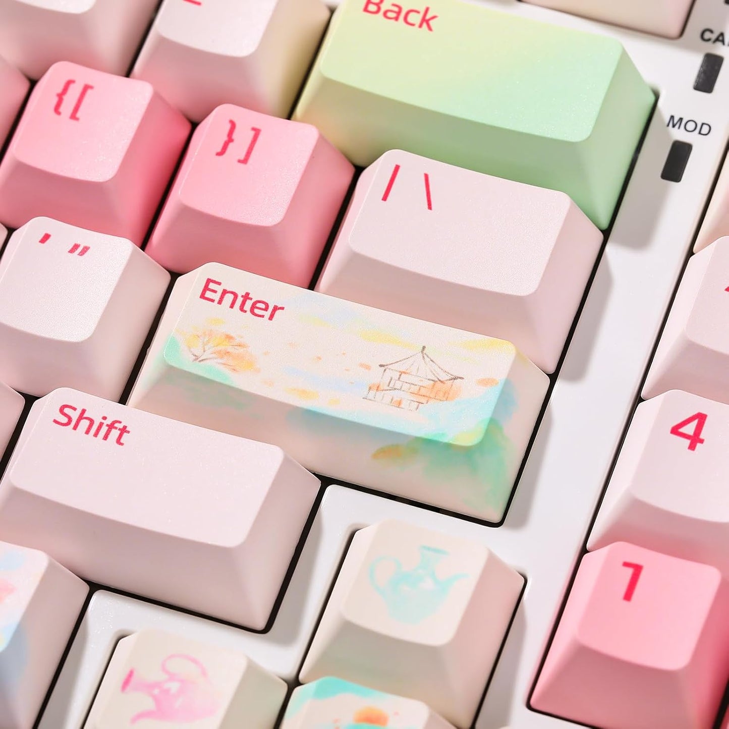 YUNZII Spring Tea Dye Sub PBT Keycaps,145 Full Keys Dye Sublimation PBT Custom Keycap Set with Key Puller for Cherry Gateron MX Switches Mechanical Gaming Keyboard (Cherry Profile, Spring Tea)
