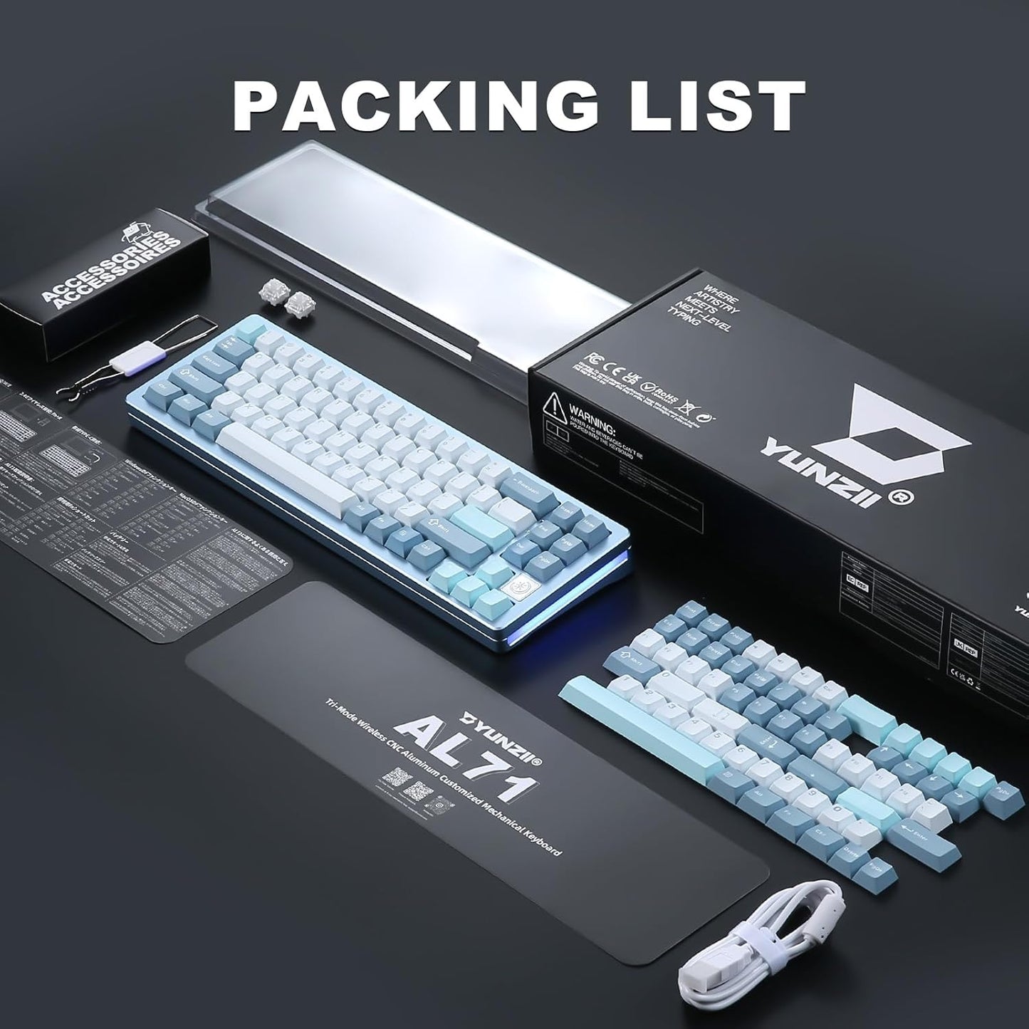 YUNZII AL71 75% Mechanical Keyboard,Full Aluminum CNC,Hot Swappable Gasket,2.4GHz Wireless BT5.0/USB-C Wired,NKRO Programmable RGB Backlight Creamy Typing for Win/Mac(Black,Crystal White Switch)