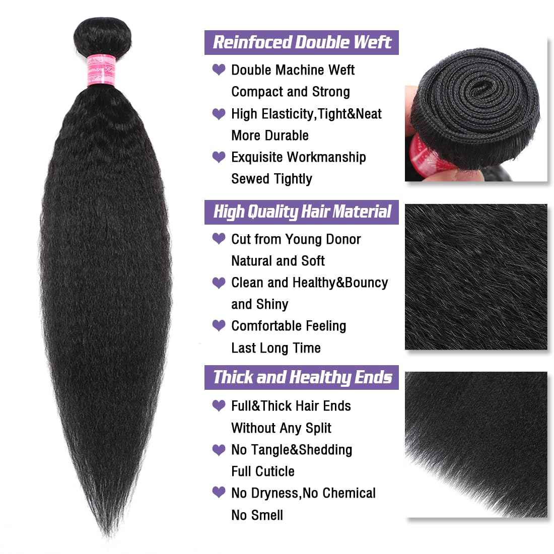 Kinky Straight Human Hair Bundles 1 Single Bundle 26 Inch 100% Unprocessed Brazilian Virgin 12A Yaki Straight Bundles Human Hair Weave Sew In for Black Women Natural Color