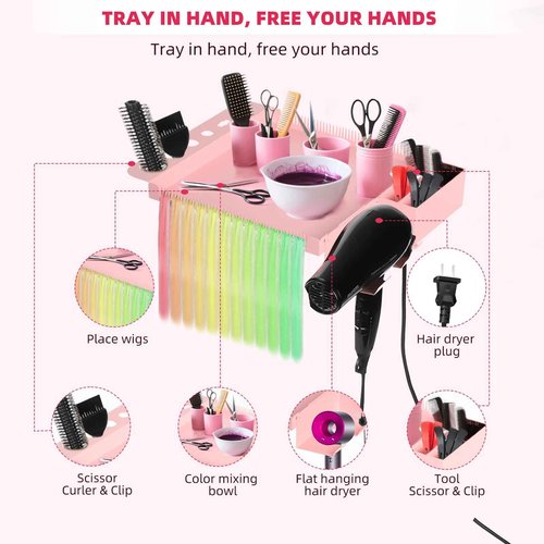 LKT COBTAC Extension Salon Tray Hair Extension Cart Tray Pink Multi-Function Extensions Rolling Tray with Blow Dryer Holder and Storage Platform