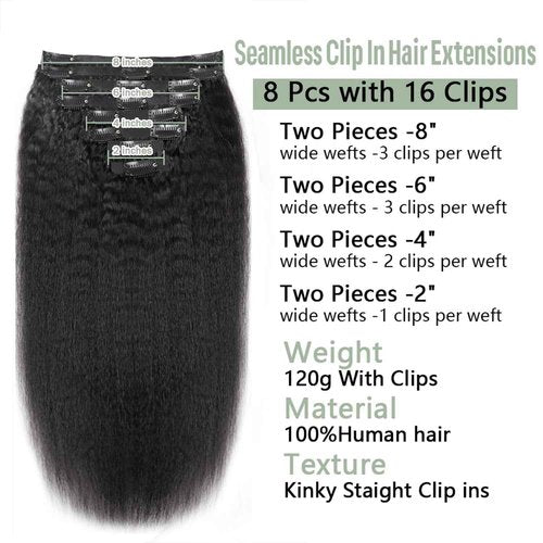 Seamless Clip in Hair Extensions Real Human Hair Kinky Straight Clip ins Brazilian Virgin Human Hair Extensions for Women 8Pcs PU Clip in Remy Hair Skin Weft 18Clips 120g (26inch,Natural Black)
