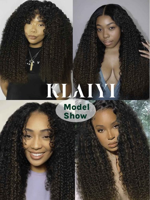 KLAIYI Ombre Brown V Part Wig Curly Human Hair Upgrade U Part Wig with Dark Roots Glueless Chestnut Brown Clip in Half Wig No Glue No Lace No Leave Out 30S Easy to Wear and Go Beginner Wig 150% 14Inch