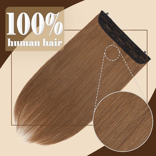 Benehair Human Hair Extensions Thick Ends Invisible Wire Real Human Hair with 2 Fish Lines Thicker Hairpieces 90g Hair Extensions Straight Thicker Hairpieces for Women #6 Light Brown 16 Inch