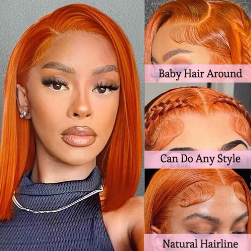 VYCRAVE 350# Bob Lace Front Wigs Human Hair 180 Density Ginger Orange 13x4 HD Straight Bob Wig Human Hair Pre Plucked Glueless Lace Frontal Wigs for Black Women 14 inch