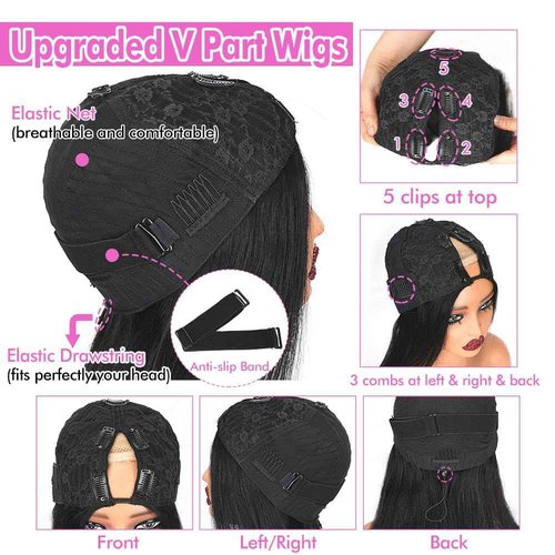CHEETAHBEAUTY V Part Wigs Human Hair Straight V Shape Wigs for Black Women Upgrade U Part Wigs No Leave Out No Sew In No Glue Clip in Half Wigs 180% Density Natural Black 14Inch