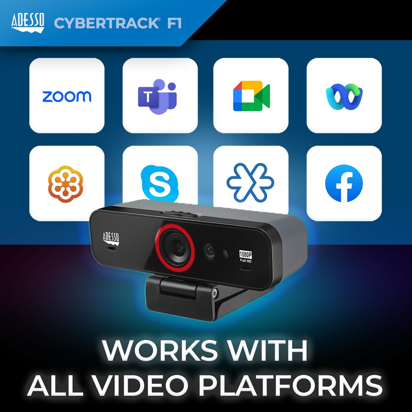 ADESSO CyberTrack F1 1080P HD Fixed Focus USB Windows Hello Webcam, Camera for Desktop PC Built-in Dual Microphone, Privacy Shutter, Audio/Video Mode Privacy ON/Off Switch & Tripod Mount