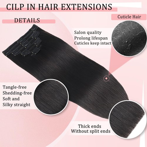 Clip in Hair Extensions Real Human Hair Clip in Extensions for Women Seamless Invisible Natural Black Straight Remy 100% Human Clips ins Extension 8pcs Double Weft 20 inch 3.7oz/105g