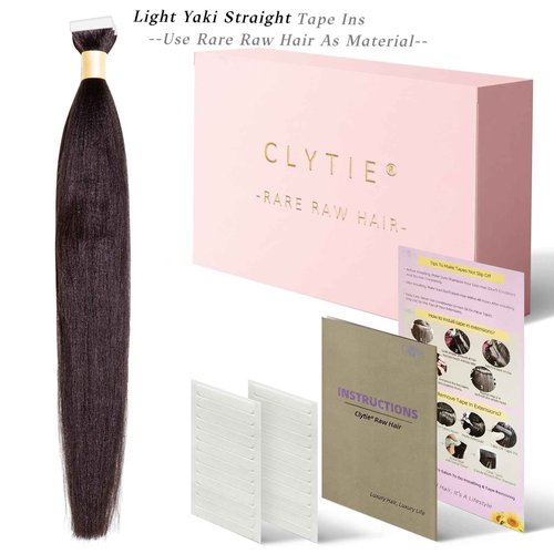 Clytie One Donor Light Yaki Straight Tape ins for Black Women Human Hair, Dyeable Invisible Tape in Hair Extensions Human Hair Natural Black 20 PCS 18IN, 50g Seamless Tape ins for Thin Fine Hair