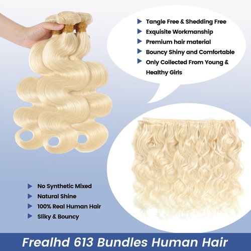 16A 613 Bundles Human Hair Blonde Body Wave 12 14 16 inch, 100% Real Human Hair No Synthetic Blended Sew in Quick Weave Bundles Human Hair Extensions Double Weft, Triple Lifespan 3X, Can Be Dyed