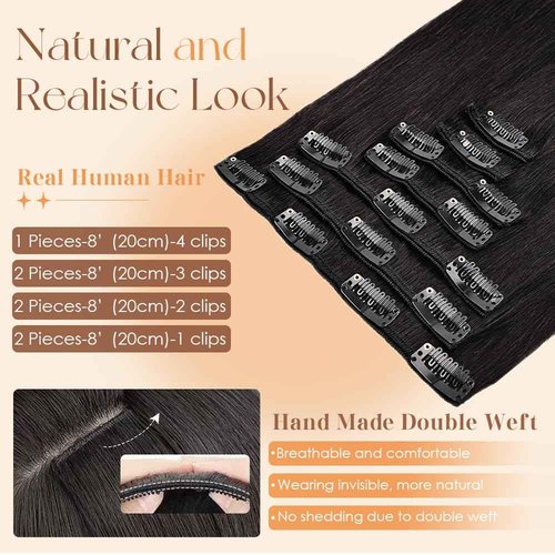 Clip in Hair Extensions Real Human Hair 16 Inch 95g Invisible Seamless Human Hair Clip in Extensions for Women 7pcs Per Set with Double Weft 1B Natural Color