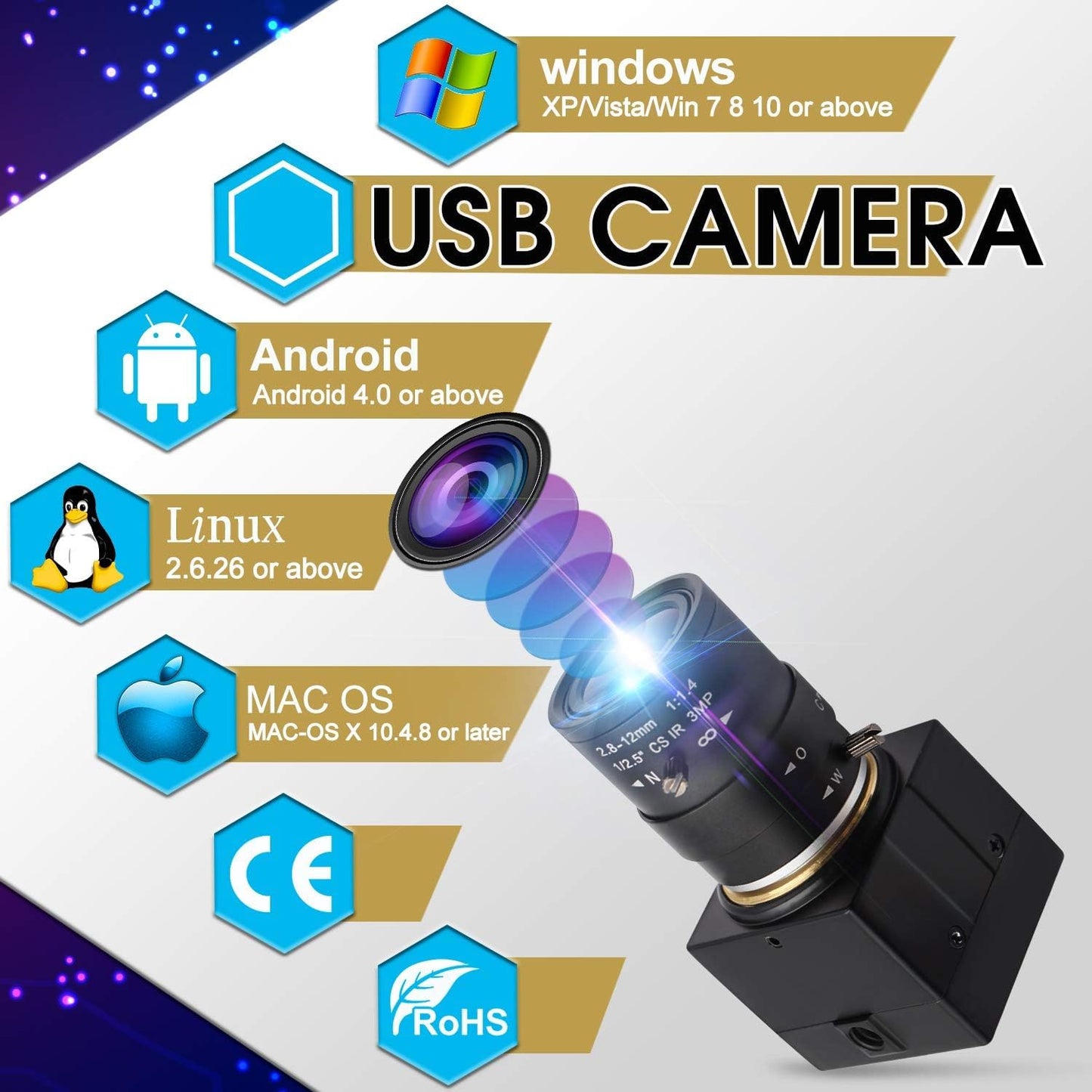 1080P Webcam 5-50mm Varifocal Lens USB Camera HD 2MP 0.01Lux Low Illumination IMX322/IMX323 Sensor Industrial Camera with H.264 Format Plug