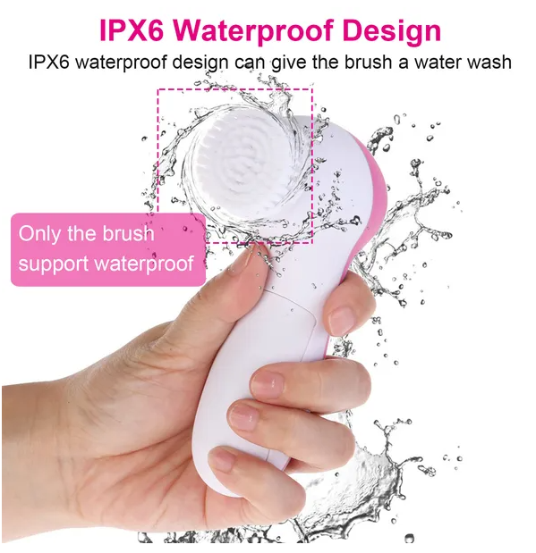 Electric Facial Cleansing Brush with 5 Brush Heads - Pink