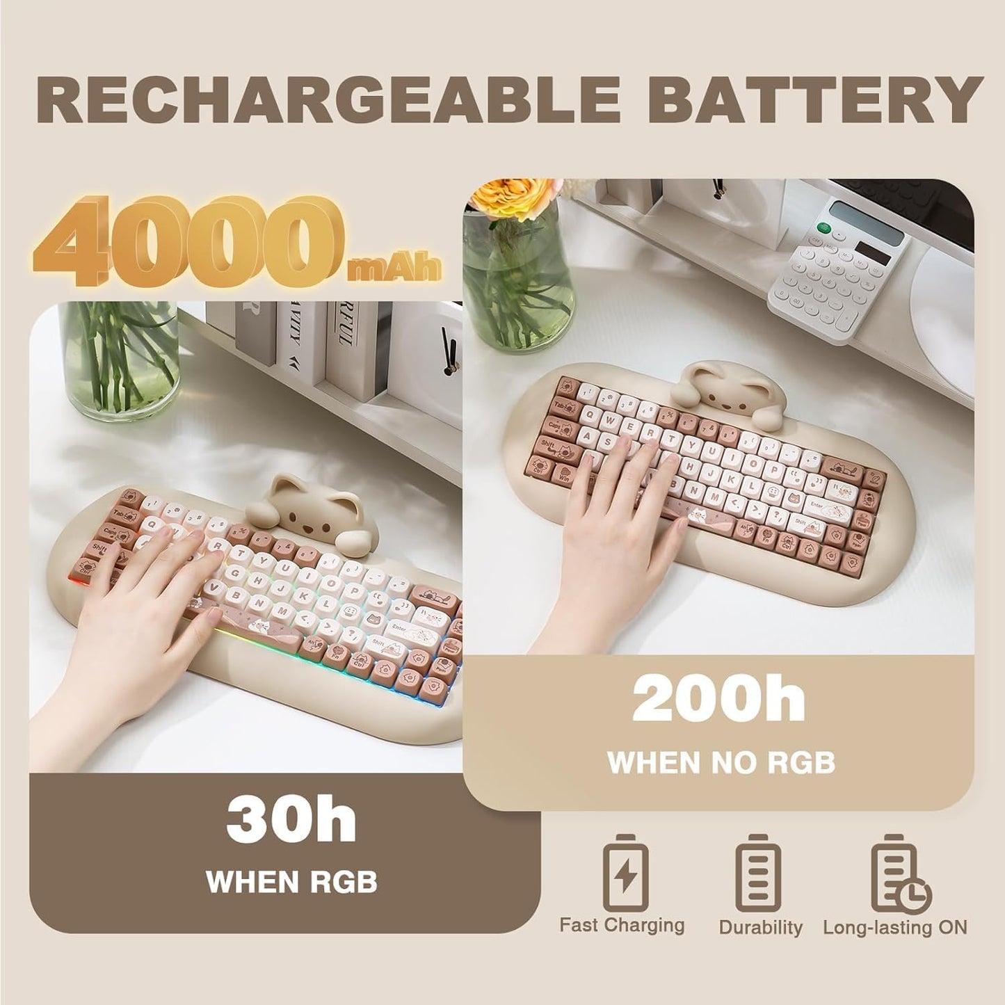 YUNZII C68 Wireless Mechanical Keyboard,65% Layout,Hot Swap,Triple Mode BT5.0/2.4G/Wired, RGB Backlit NKRO,Cute Cat Silicone Ergonomic Design for Win/Mac(Brown, Cocoa Cream V2 Switch)