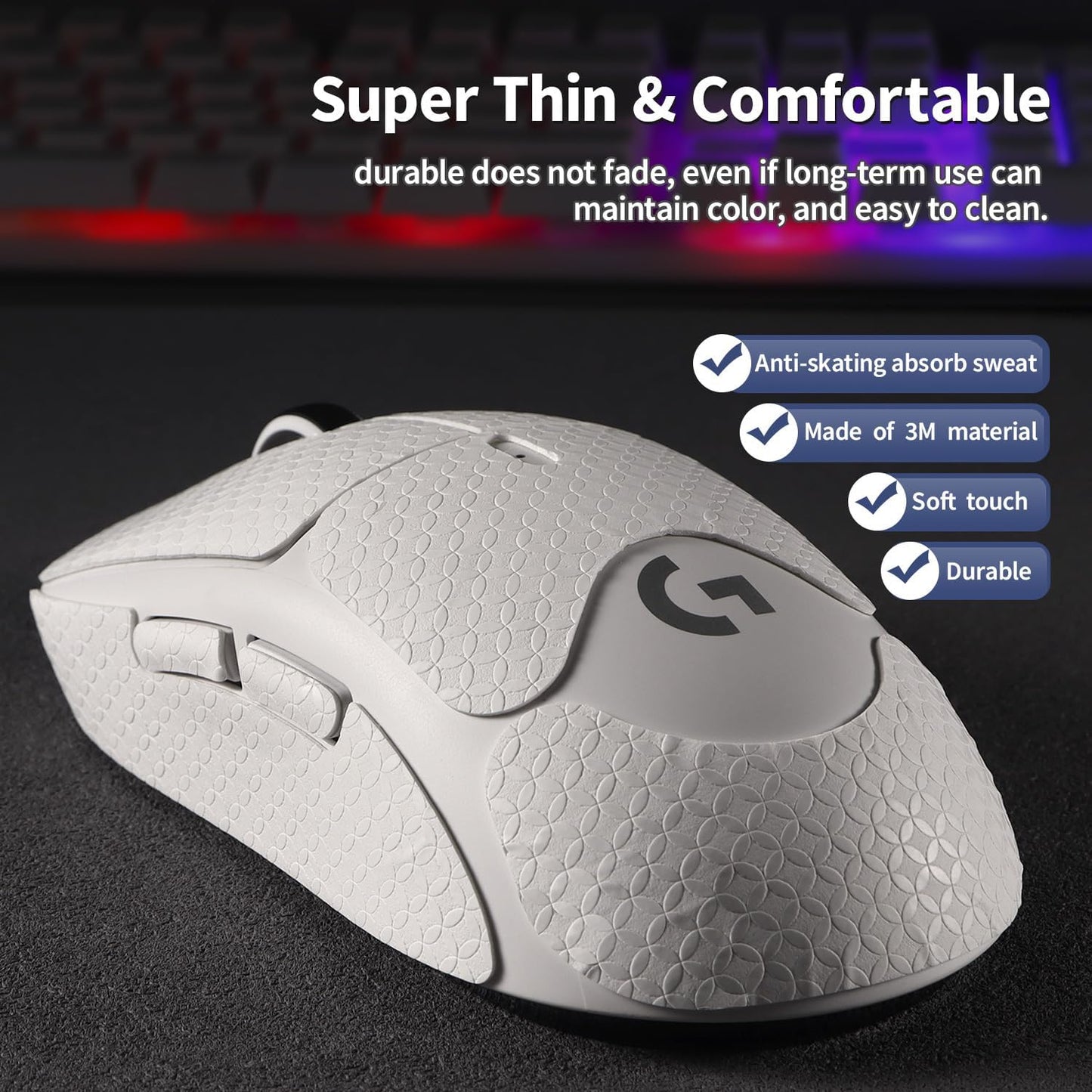 Anti-Slip Mouse Grip Tape for Logitech G Pro Wireless Mouse Skin Sweat-Resistant G Pro Mice Sticker Decal(White)