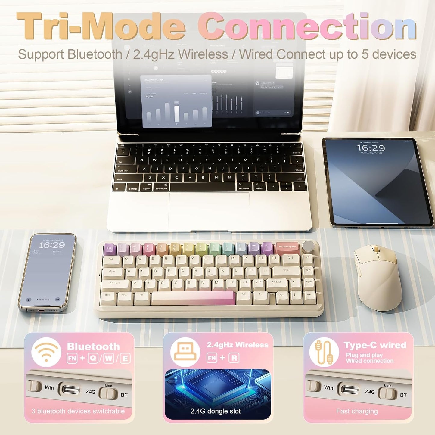YUNZII B68 Wireless Mechanical Keyboard(Beige, Cocoa Cream V2 Switch), Keyboard Wrist Rest(Cat)