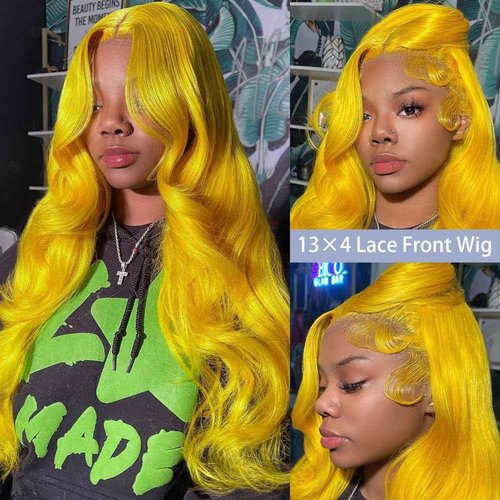 XIAPAY 28 Inch Yellow Wig Human Hair 13x4 Yellow Lace Front Wig Human Hair Body Wave Lace Front Wigs Human Hair Blonde Wig Human Hair Colored 200% Density HD Frontal Wigs human hair