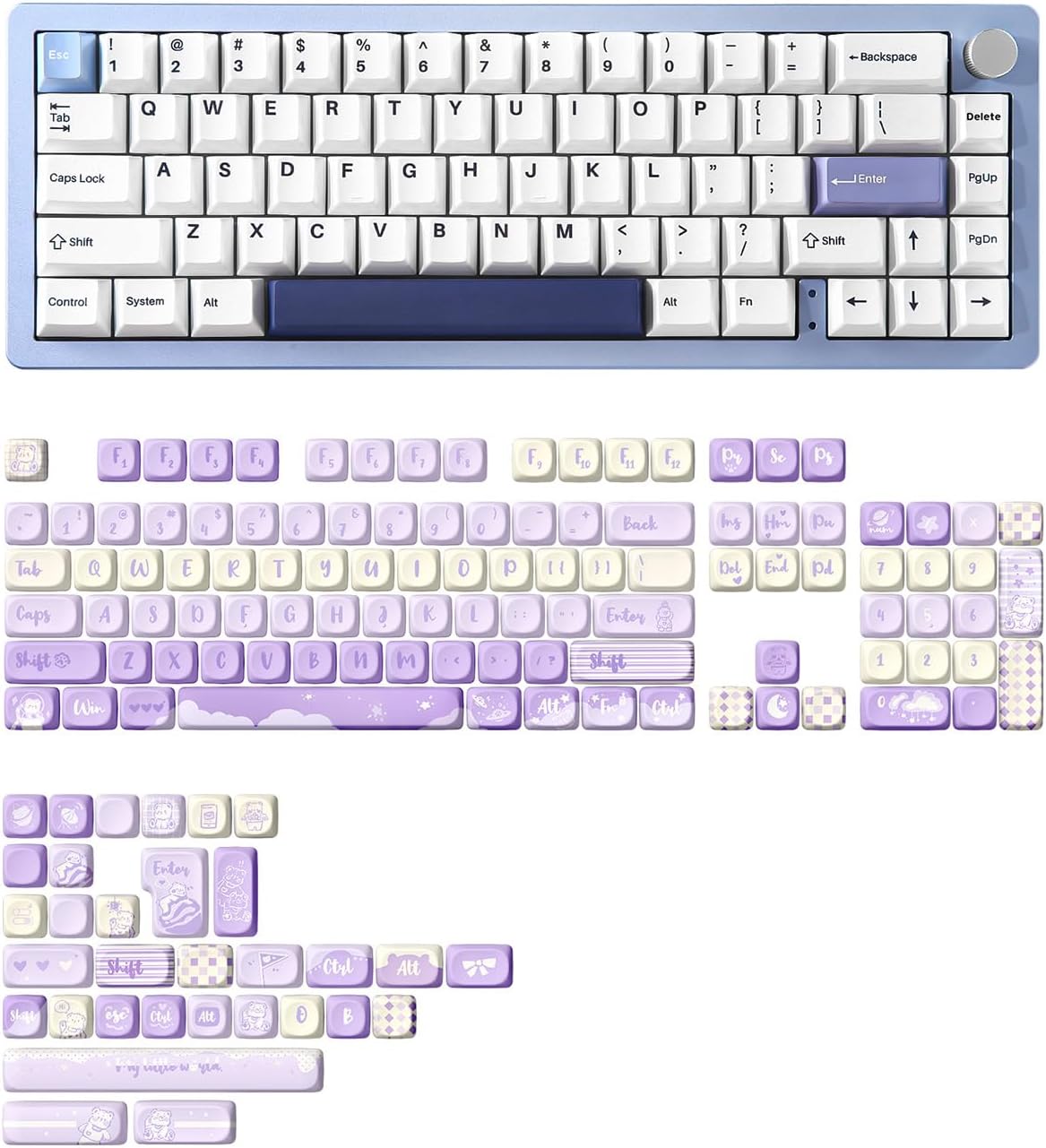 YUNZII AL66 Wireless Mechanical Keyboard(Milk Switch, Blue), 136 Keys MOA Keycaps(Purple)