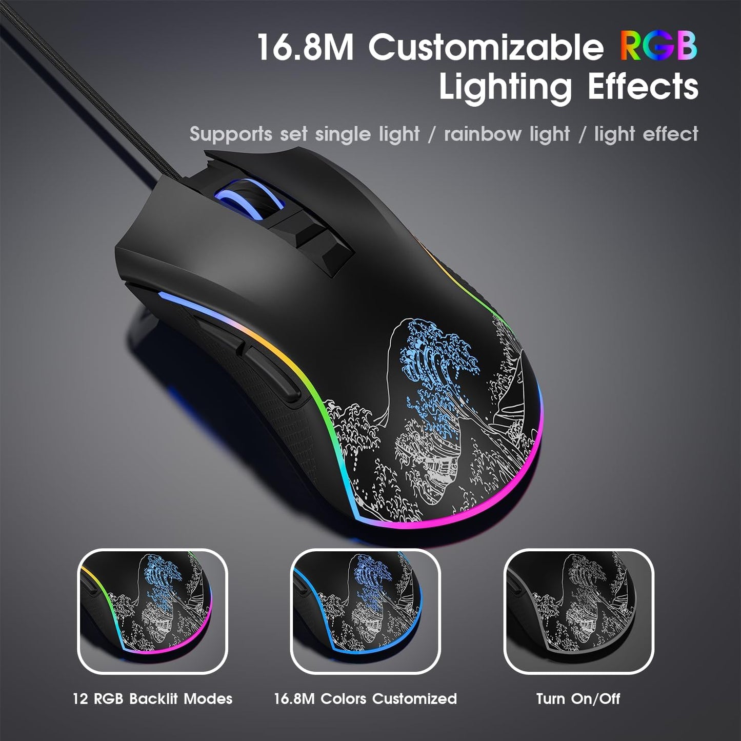 XVX G705 Wired Gaming Mouse, 12000 DPI RGB Gaming Mouse with 12 Backlit Modes & 7 Macro Buttons, PC Gaming Mice Support DIY Keybinding, Mouse Gamer Computer Mouse for Laptop PC Mac Windows,Topographic