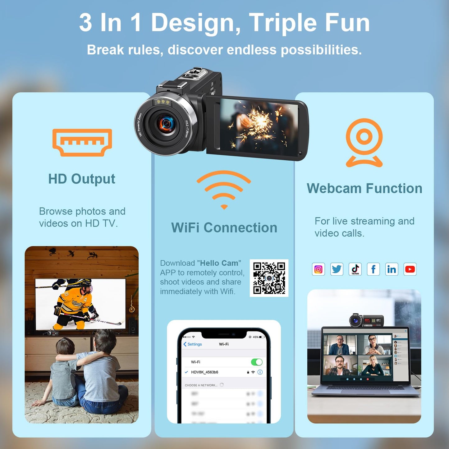 8K 64MP Video Camera Camcorder IR Night Vision Vlogging Camera 18X Zoom WiFi Digital Camera for YouTube 3.0'' Touch Screen Camcorder with 64GB SD Card, 2 Batteries, Remote Control, Mic and Stabilizer