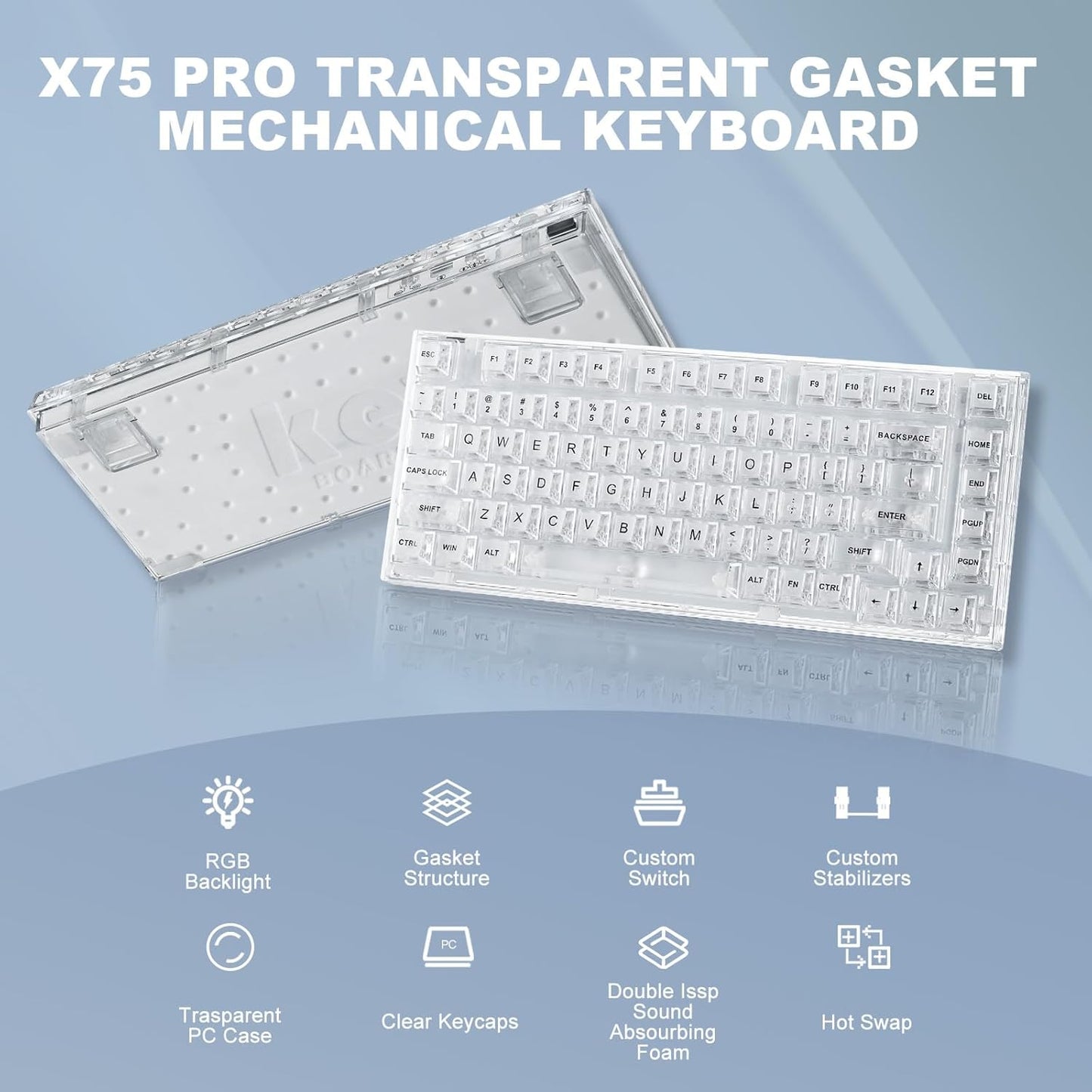 YUNZII X75 PRO 82 Key Wireless Hot Swappable Mechanical Gaming Keyboard with Transparent Keycaps,Gasket Mount,BT5.0/2.4G/USB-C for Windows/Mac(Crystal Ice Switch, Wireless-White)