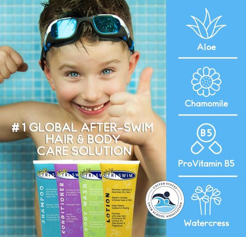 TRISWIM Kids After Swim Value Pack of 4 Travel Mesh Bag + Swim Care Chlorine Removal Body Wash + Swimming Lotion + Swim Shampoo and Conditioner 8.5 fl oz Keep your Little Swimmers Clean and Healthy